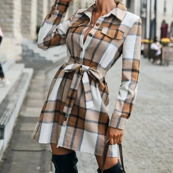 Modern casual Plaid Single Breasted Belted Shirt D - Picture 3 of 6